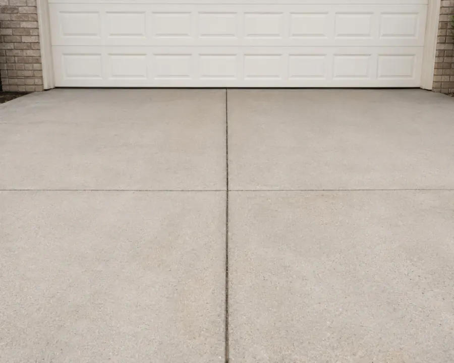 Residential concrete driveway apron with a control joint in front of a white two-car garage door